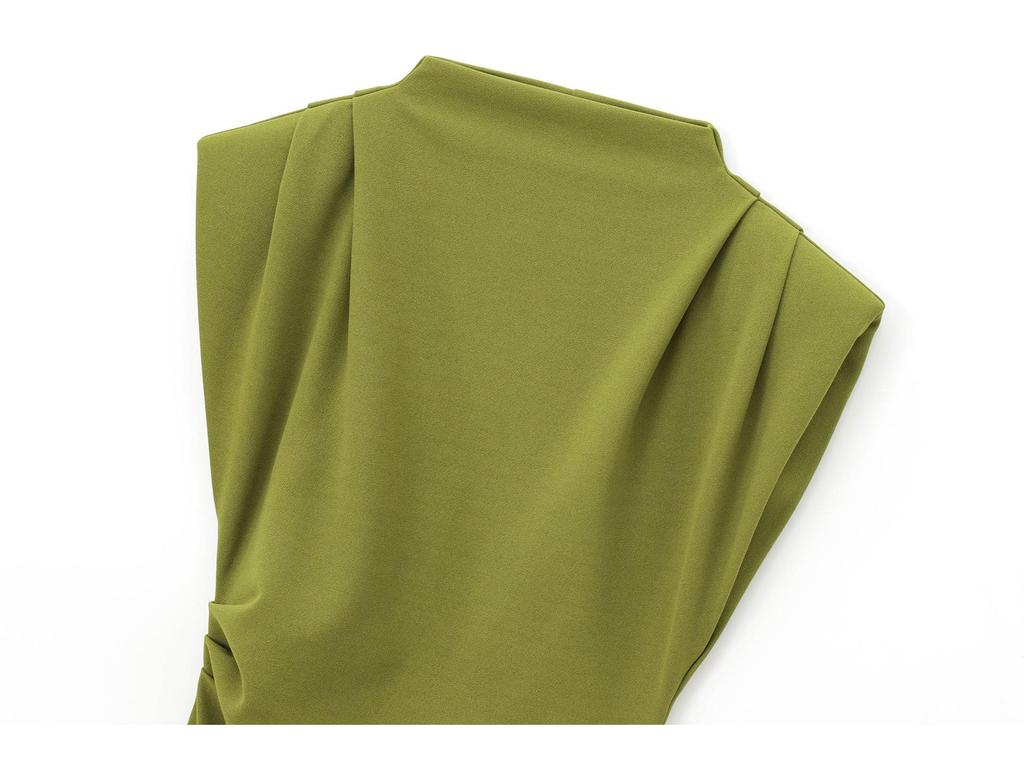 Europejski i Amerykański Styl Jesień/Zima Damska Sukienka Mini Bodycon Bez Rękawów z Falbanami, Wysokim Dekoltem, Wyszczuplająca w Talii i z Poduszkami na Ramionach