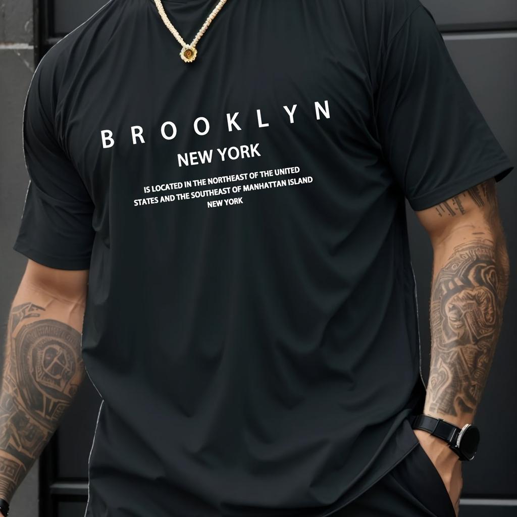 Summer Men's 100% Pure Cotton Casual Loose Plus Size Brooklyn Print Comfortable Sports Round Neck Short Sleeved T-shirt Top