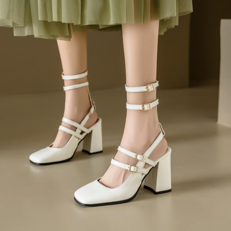 Summer Square Head Rear Empty High-heeled Sandals New Women's Roman Sandals Casual Patent Leather Large Size Shoes Waterproof Table Heel