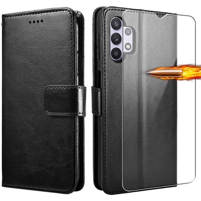 Coque Portefeuille PROSHOP pour Samsung Galaxy A32 5G - Effet Cuir Noir - Verre Trempé - Protection Antichoc