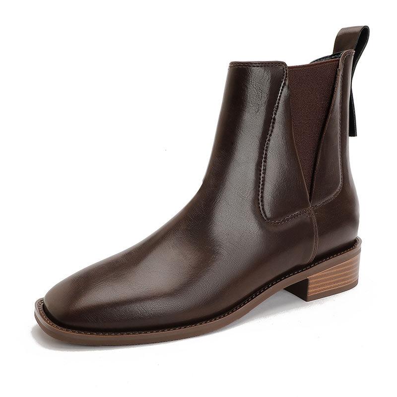 French Square Head Small Short Boots Thick Heel Elastic Boots 2025 New Autumn and Winter Low Heel Leather Boots Brown Thin Medium Boots