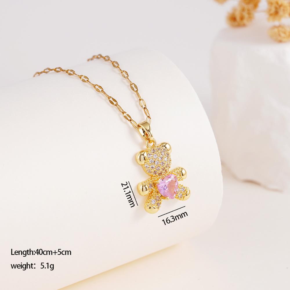 

Fashion Cute Pink Heart Zircon Bear Necklace Stud Earrings Rings for Women Stainless Steel Chain Luxury Sweet Jewelry Sets Gift