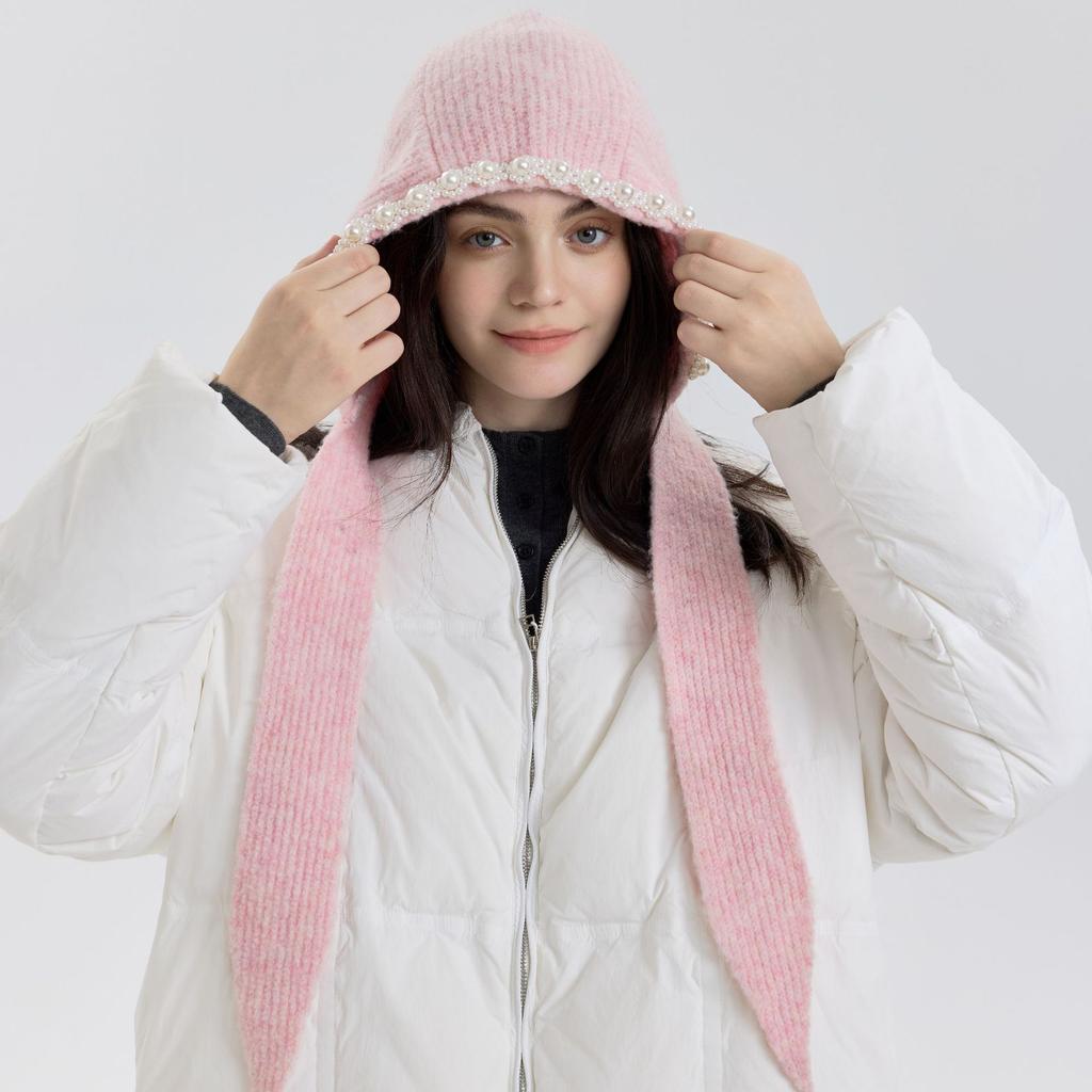 Balaclava hat pearl bead ear protection strap design women's autumn and winter warm wool cute bag head hat