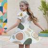 Girls Geometric Printed Round Neck Flutter Sleeve A Line Flared Dress
