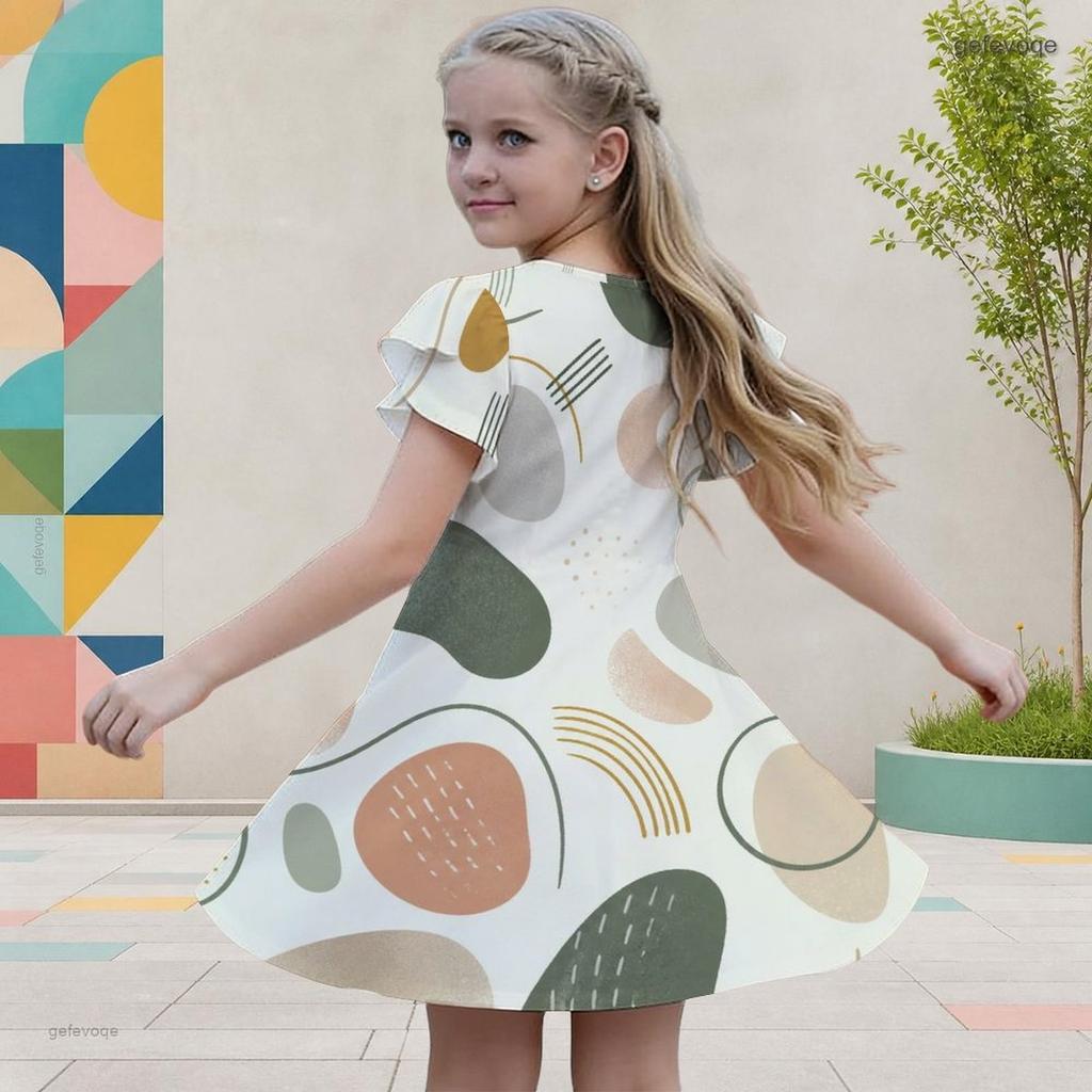 Girls Geometric Printed Round Neck Flutter Sleeve A Line Flared Dress