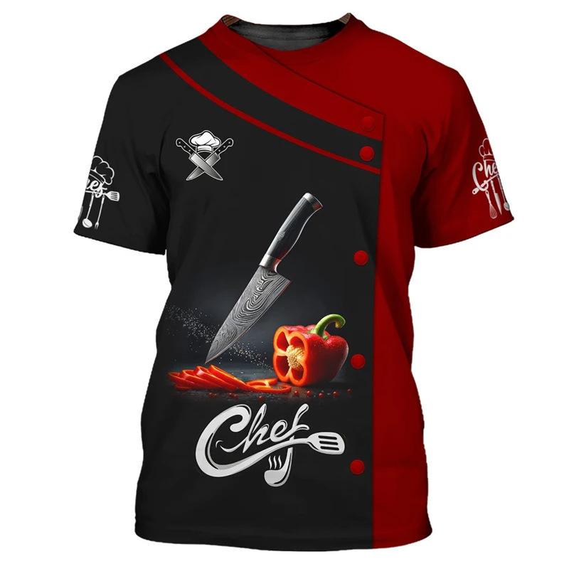 Chef Workwear 3D Printed Cooking Graphic T Shirts Chef Uniform Short Sleeved Harajuku Chef Fashionable Round Neck Top for Men