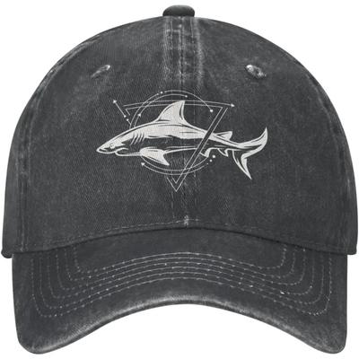 Cool Shark Black Vintage Distressed Adjustable Washed Denim Cotton Low Profile Mens Dad Trucker Hat Black Fitted Baseball
