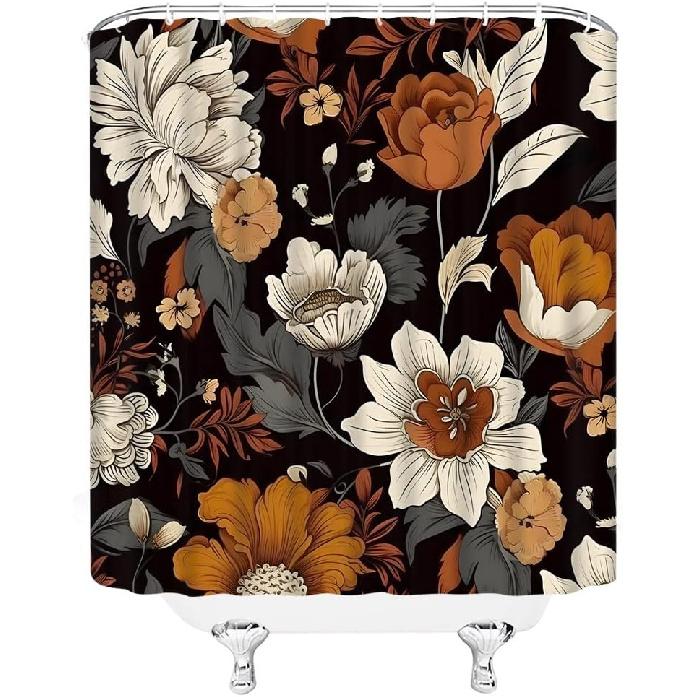 Black Boho Floral Shower Curtain Vintage Colorful Abstract Botanical Mid Century Modern Aesthetic Retro Fabric Bathroom Curtain with Hook