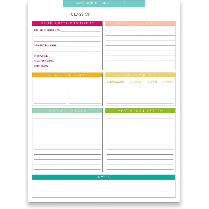 Erin Condren Substitute Teacher Notepad - Preprinted Substitute Teacher Log, Report, Communication Notepad. 25 Removable Sheets on Thick, Bleed Mid Century Circles