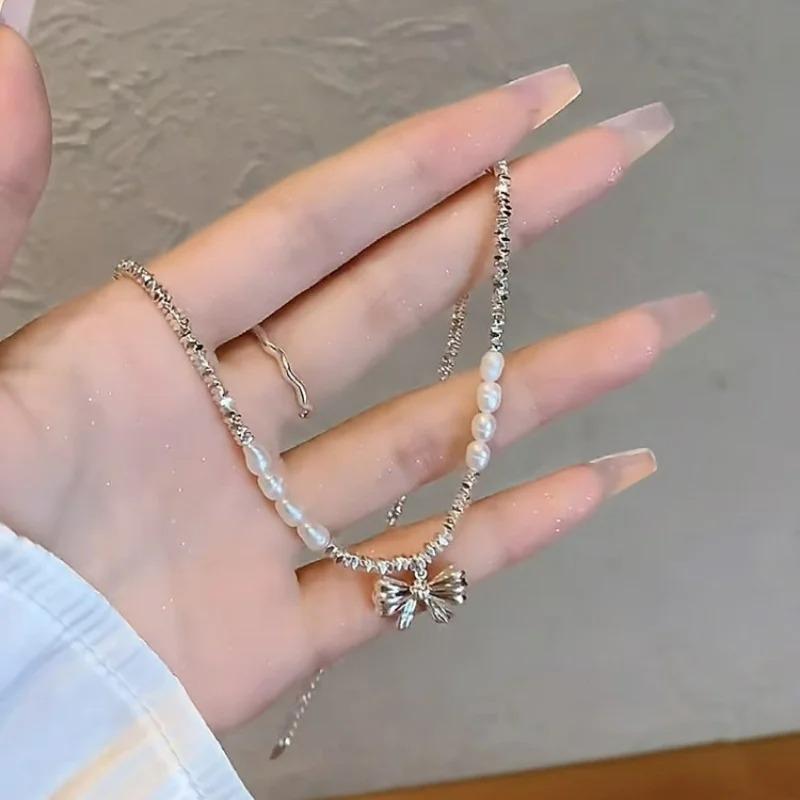 Y2K Elegant Bowknot Pearl Pendant Necklace Sweet Cool Choker Simple Clavicle Chain Adjustable Cute Jewelry for Women Girls Gifts