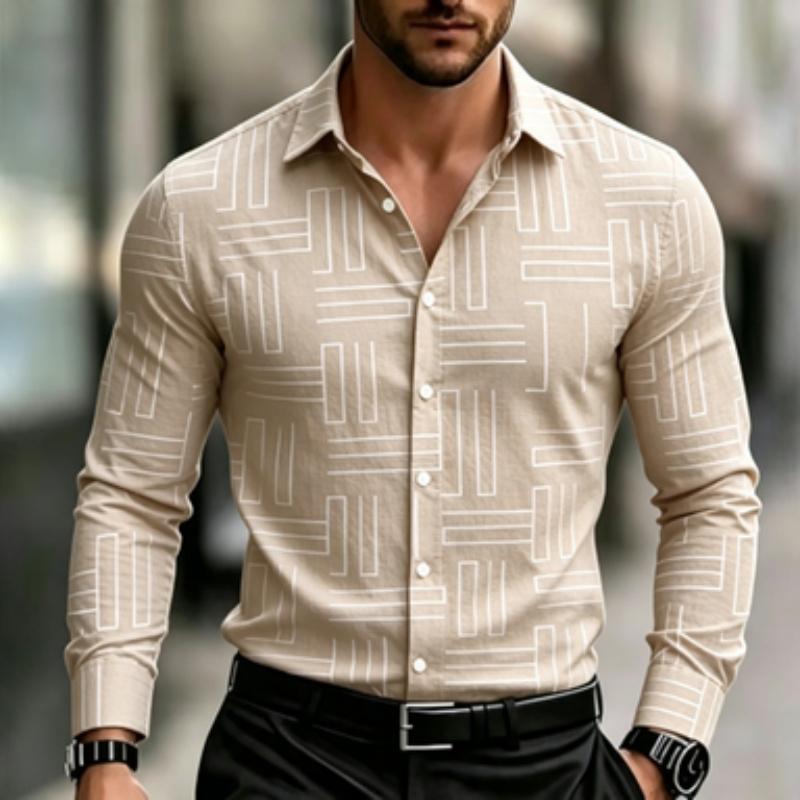 Men's Casual Geometric Lines with Digital Printing, Men's Long Sleeved Shirt, Fitted Version, Lapel Shirt, Trendy and Creative