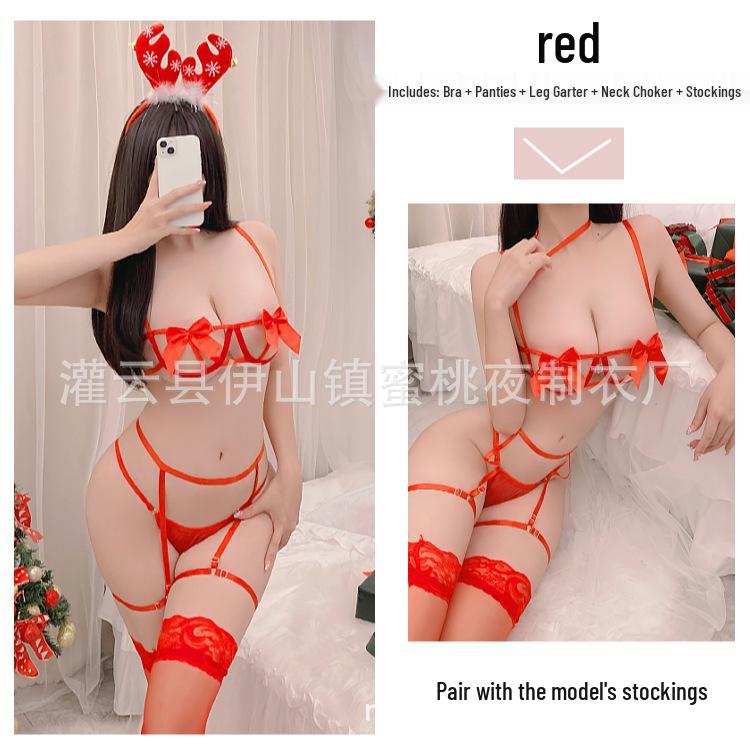 Reindeer Game Holiday Lingerie Set: Underwire Bra with Bow, Skirt, and Headpiece