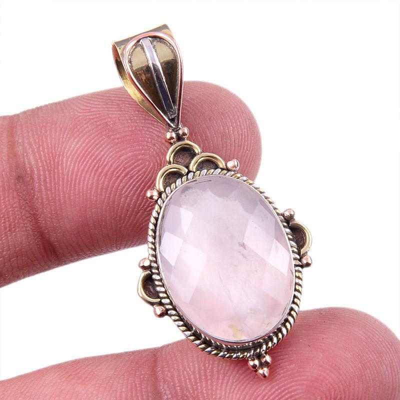 

Natural Rose Quartz 925 Solid Sterling Silver Jewelry TwoTone Pendant 1.50 O0b36