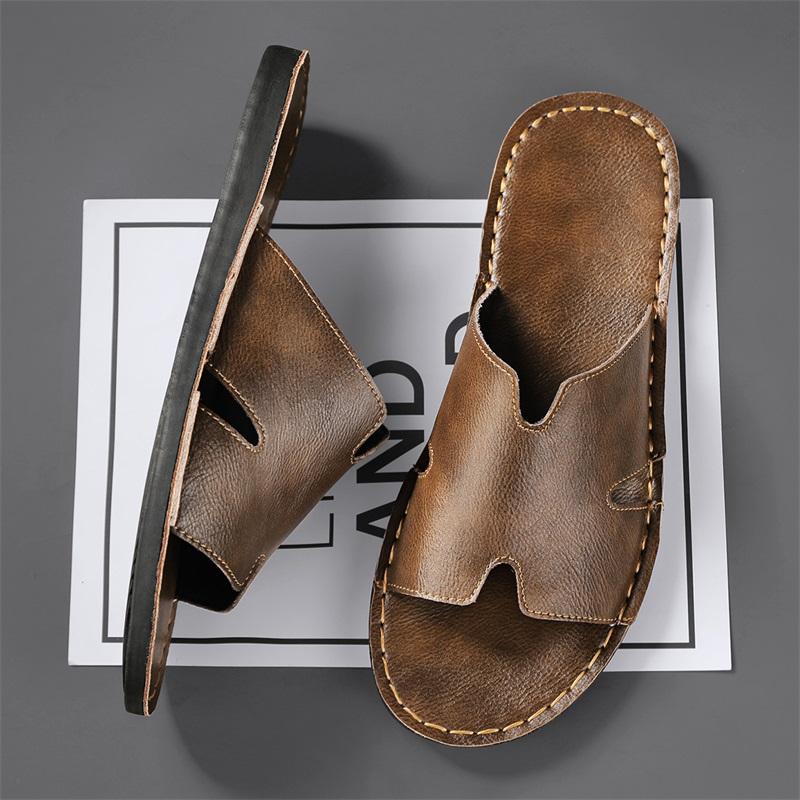 2025 New Designer Men Genuine Leather Slipper Summer Slides Simple Sandals Comfortable Cool Beach Shoes