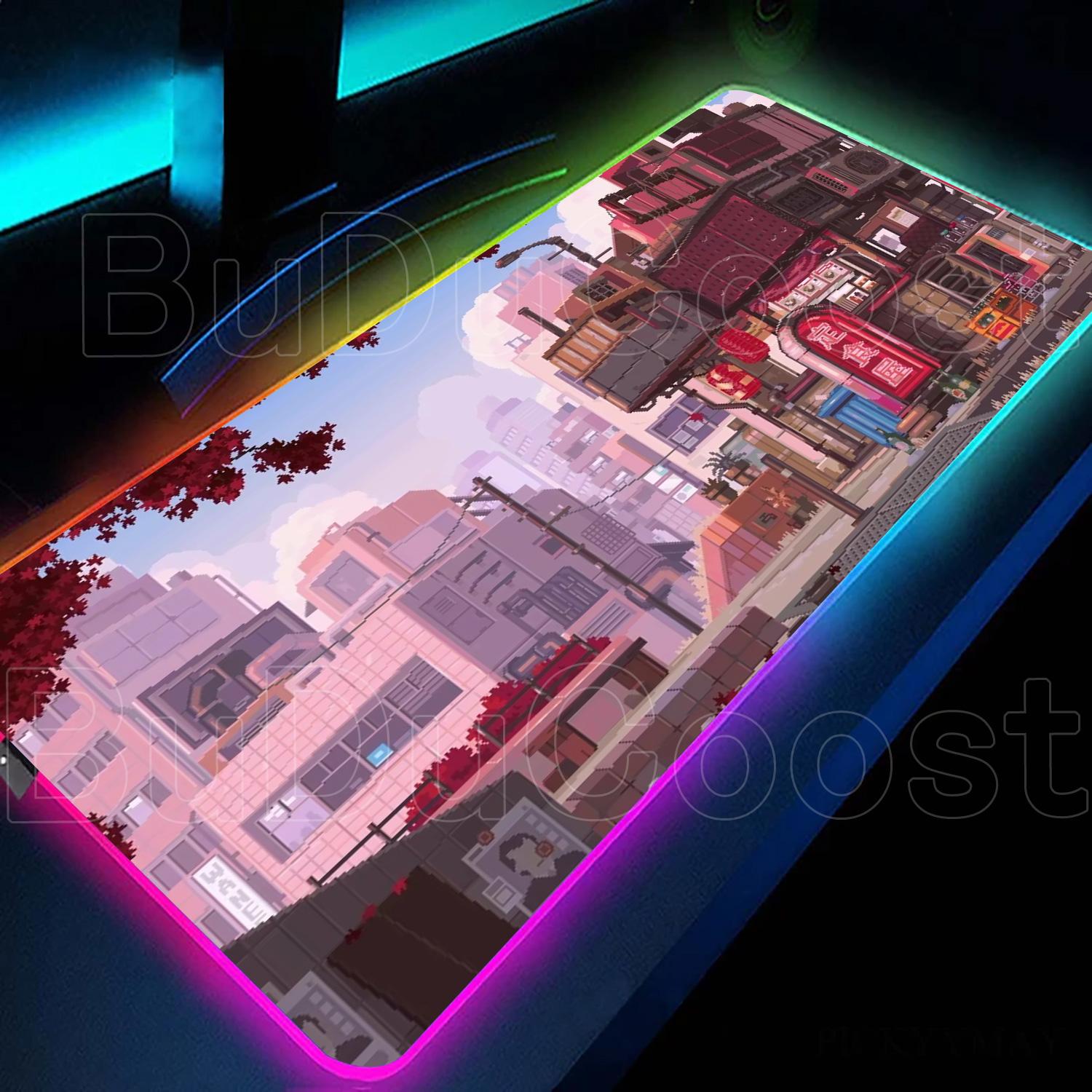 

RGB Retro Mouse Pad Neon Japanese Street Pixel Art Anime Skyline City Desk Mat LED Gaming MousePad Large Size Keyboard Accessory RGB300x600x3mm
