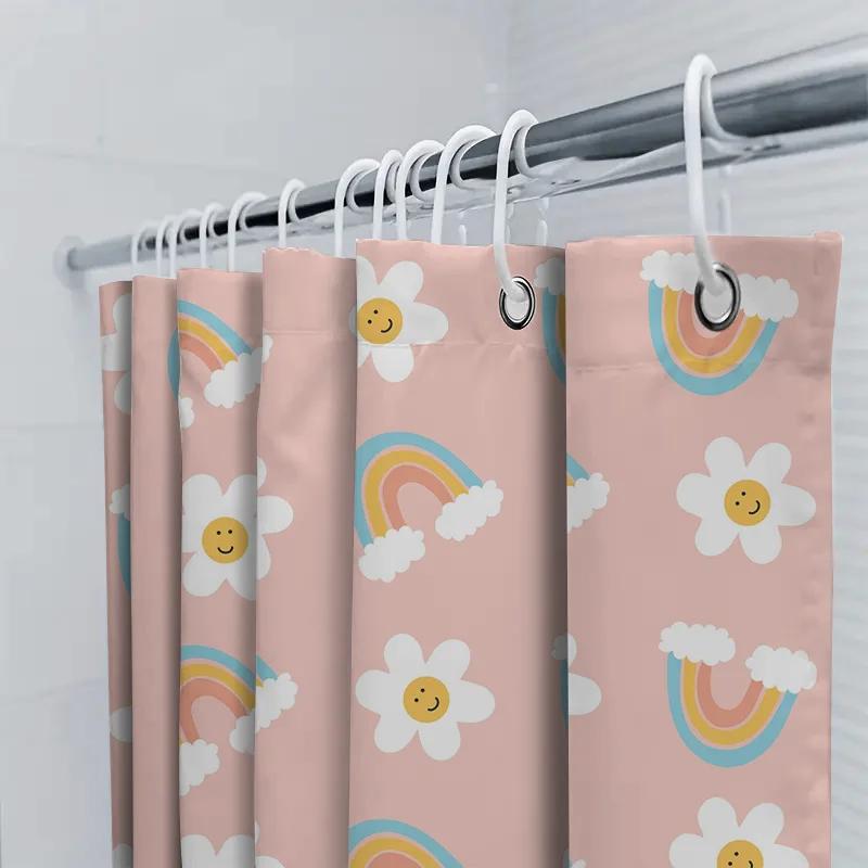 Charming Rainbows Smiling Flowers Shower Curtainsoft Pink Fabric Bathroom Decor For Kids Room Waterproof Fabric Various