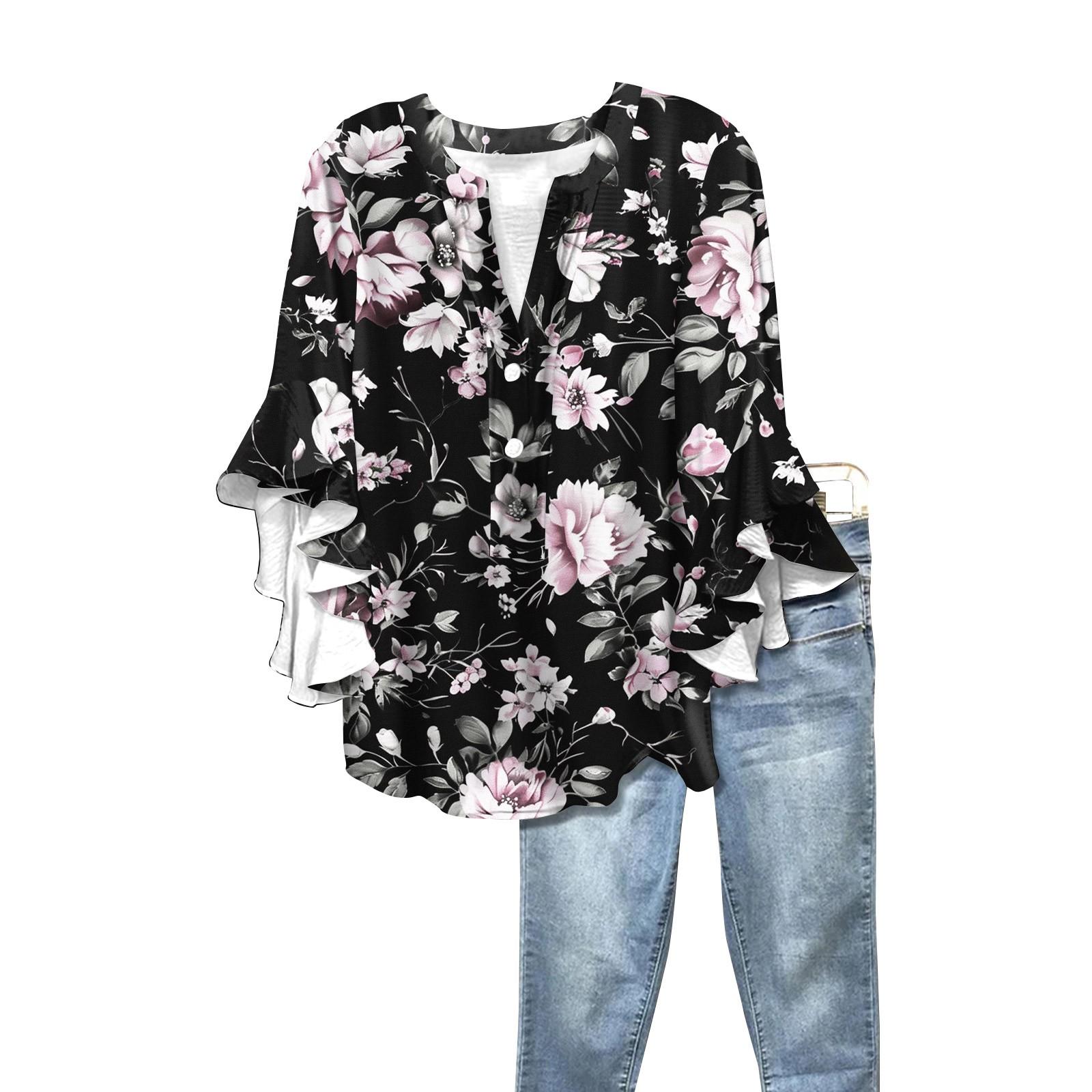 

Summer Women s Tops V Neck Three Quarter Sleeve Shirt Vintage Floral Print Tops Casual Shirts M