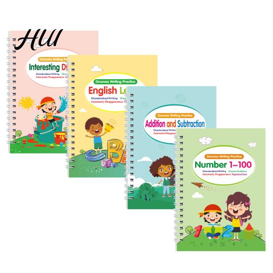 Livre d'écriture de lettres et de chiffres pour enfants 4 pièces Cahier d'exercices Pratique Cahier d'écriture Kit Cahier de travail avec Lettres pour Enfants d'âge préscolaire Chiffres Anglais Rainuré