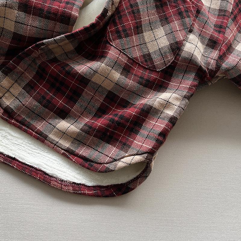 Kids Unisex Fleece Plaid Long Sleeve Shirt Korean Vintage Style Children Shirt
