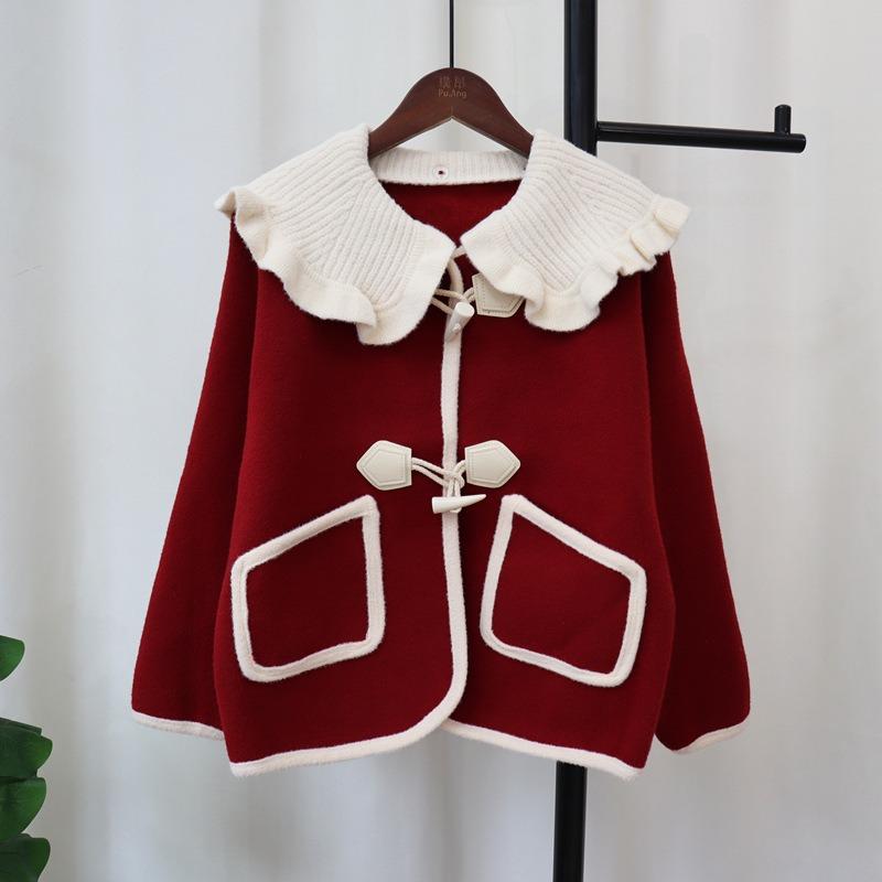 Removable collar horn buckle sweater jacket women's 2025 autumn and winter new sweet doll collar knitted double-sided woolen cardigan