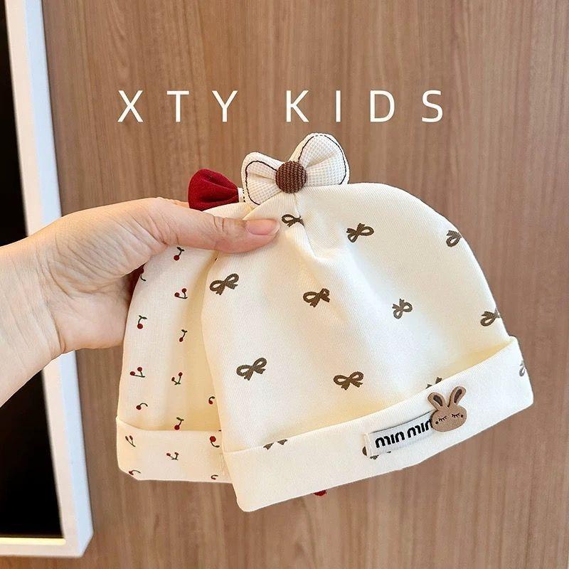 Newborn cotton tire cap spring and autumn thin baby hat polka dot bow boneless baby headguard fontanelle hat