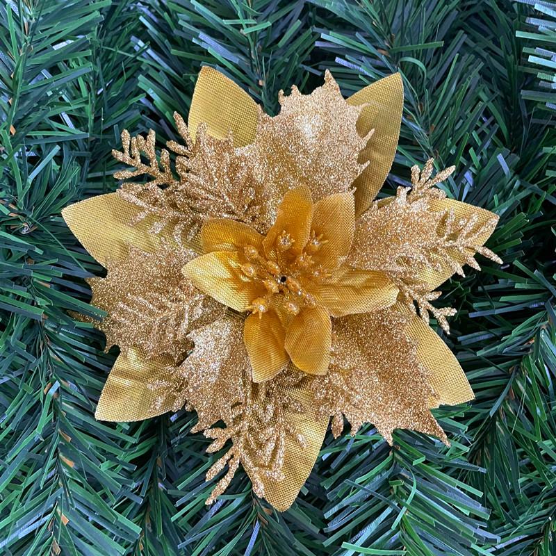 

14CM Gold Glitter Christmas Flower Ornament - Holiday Wreath & Tree Decoration 14cm (Clip and Rod Extra Charge)