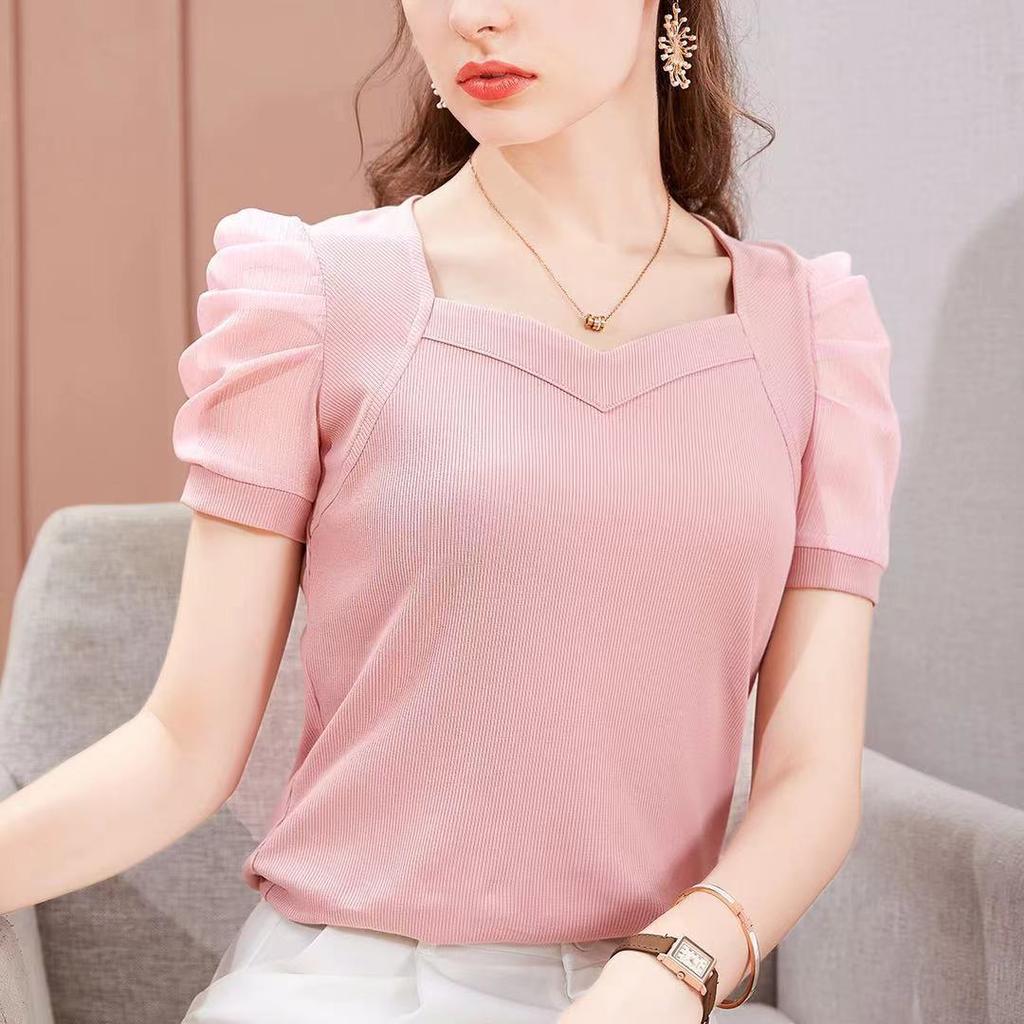 Ice Silk T-shirt Women's New Summer Short-sleeved T-shirt French Palace Style Puff Sleeve Top