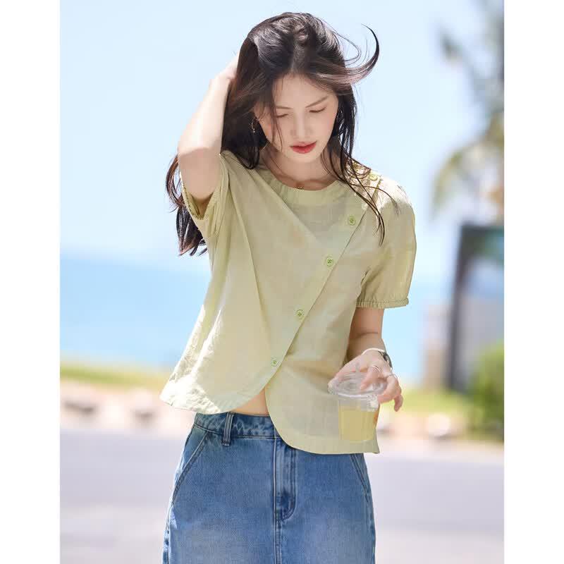 Women s 2026 Summer Pure Cotton Asymmetrical Short Sleeve Shirt L