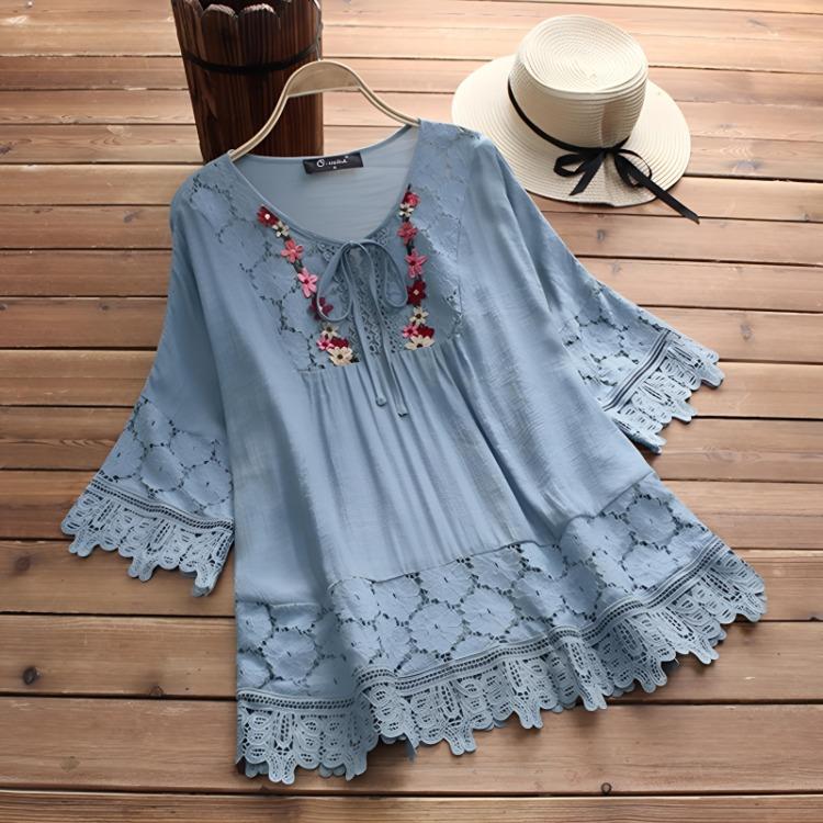 Plus Size Women Loose Shirt Half Sleeve with Lace Flower Embroidery