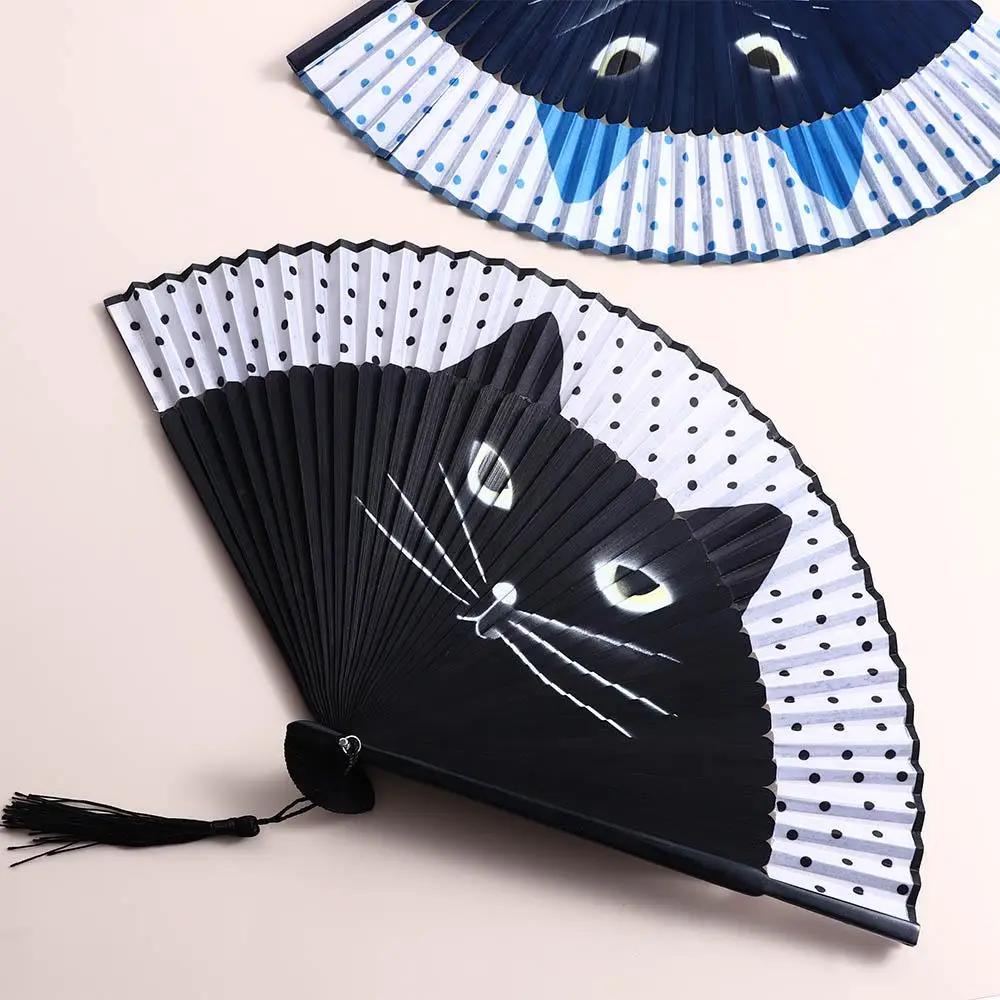 Quality 1 pcs Cat Patterns Handmade Bamboo Wooden Cartoon Home Decoration Folding Fan Silk Fan Fan Crafts