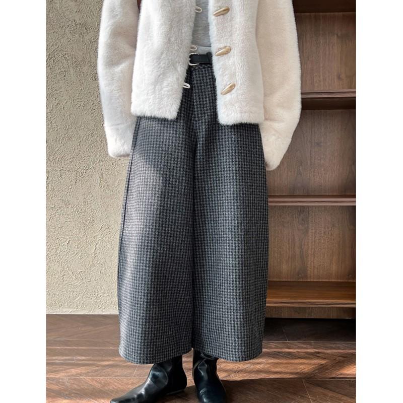 Johnature Wide-Leg Pants Women Vintage Plaid Cropped Pants Thick Casual Suit Pants For Winter