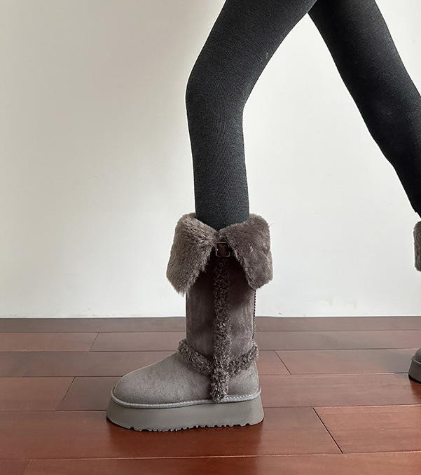 Fold two, wear thick-soled velvet long-tube snow boots, women's new winter non-slip thickened short-tube gray cotton shoes.