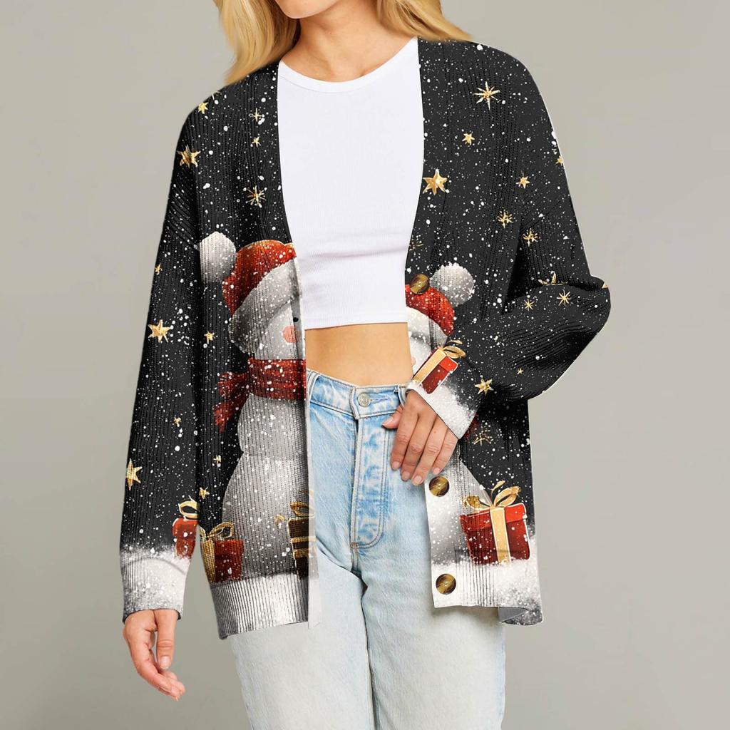 Women's Fashion Long Sleeve Christmas Print V-Neck Button Loose Cardigan Top