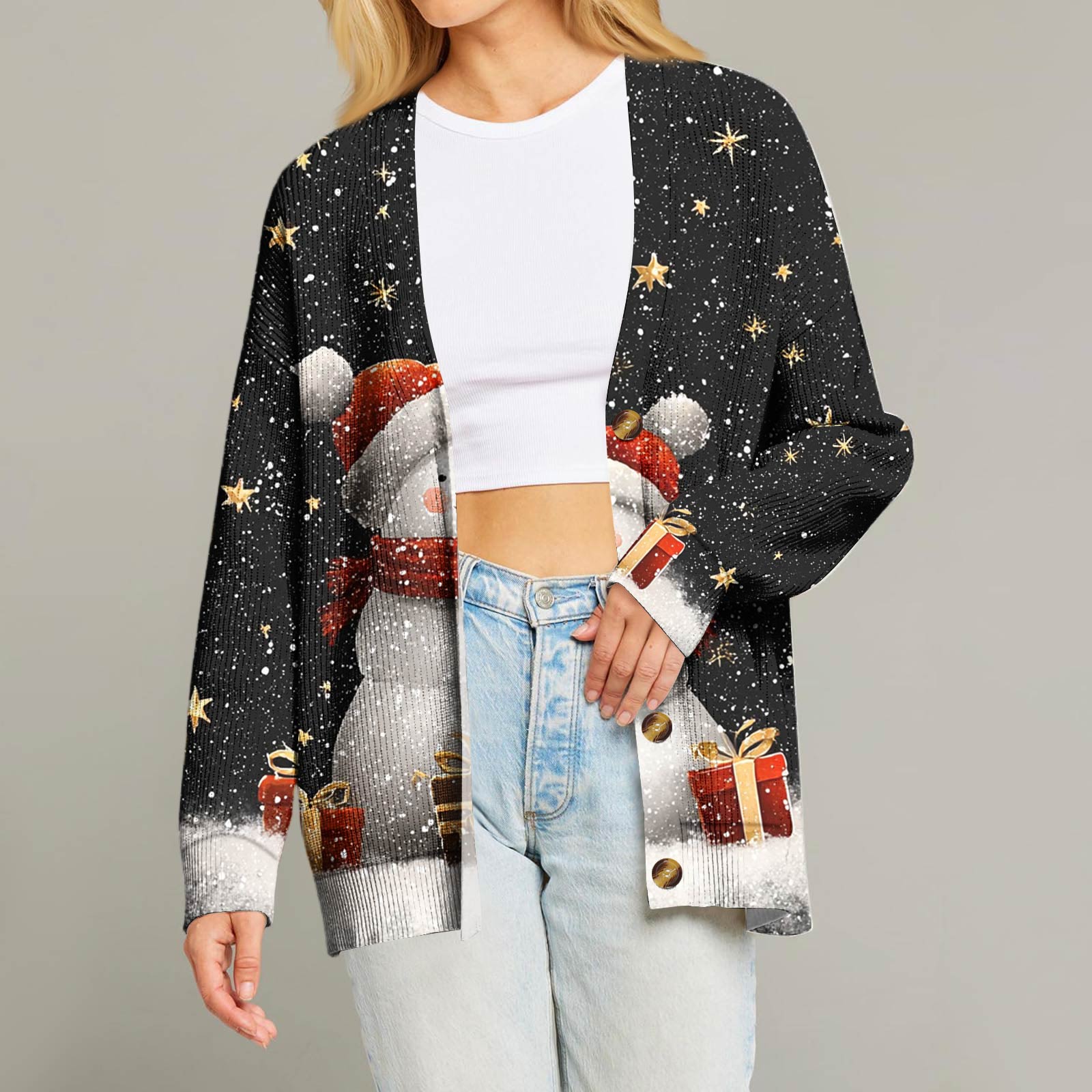 

Женский модный кардиган с длинным рукавом, V-образным вырезом, на пуговицах, свободного кроя, с рождественским принтом M чёрный