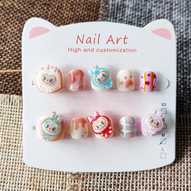 Labubu Kids' Wearable Nail Stickers - Handmade Manicure for Ages 3-12