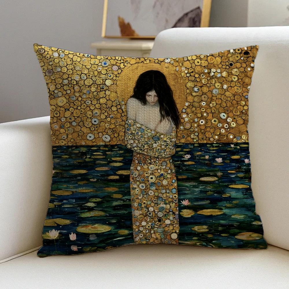 Cushion Cover Cushion Cover Pillowcase, Anti-Mite Invisible Zipper, Linen Sofa Cushion G-Gustav K-Klimt Oil Painting