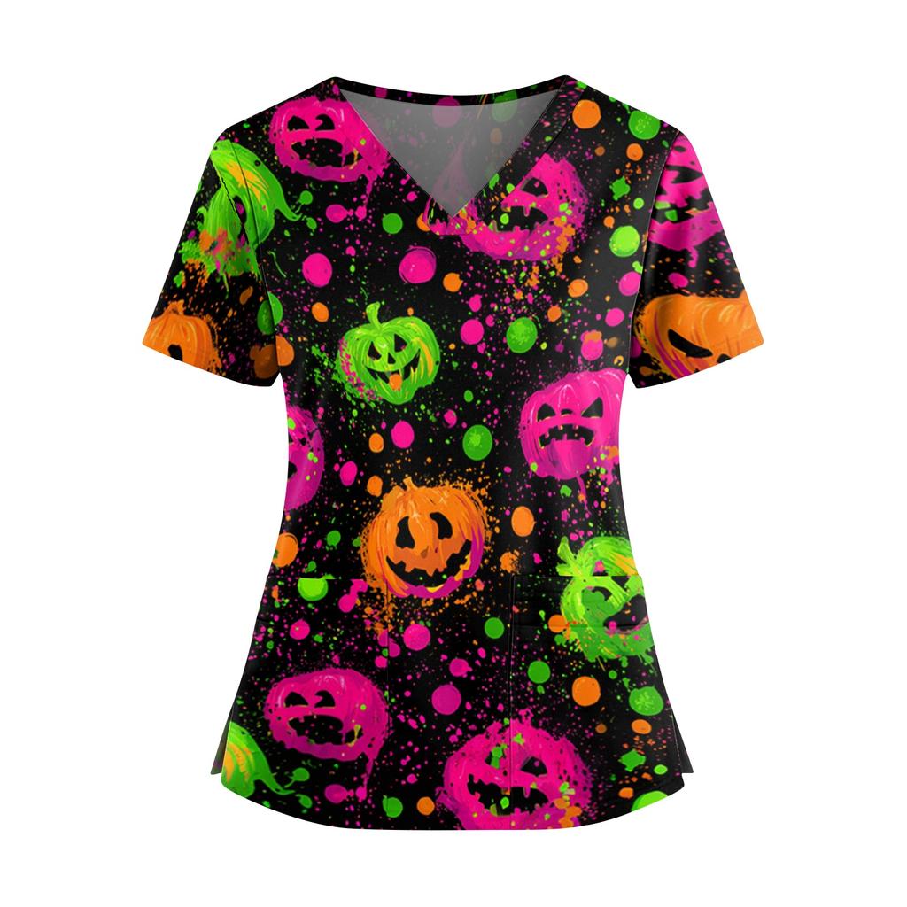 Women’s V Neck Short Sleeve Work Top with Side Slits Pockets and Halloween Print Suitable for Office and Casual Wear