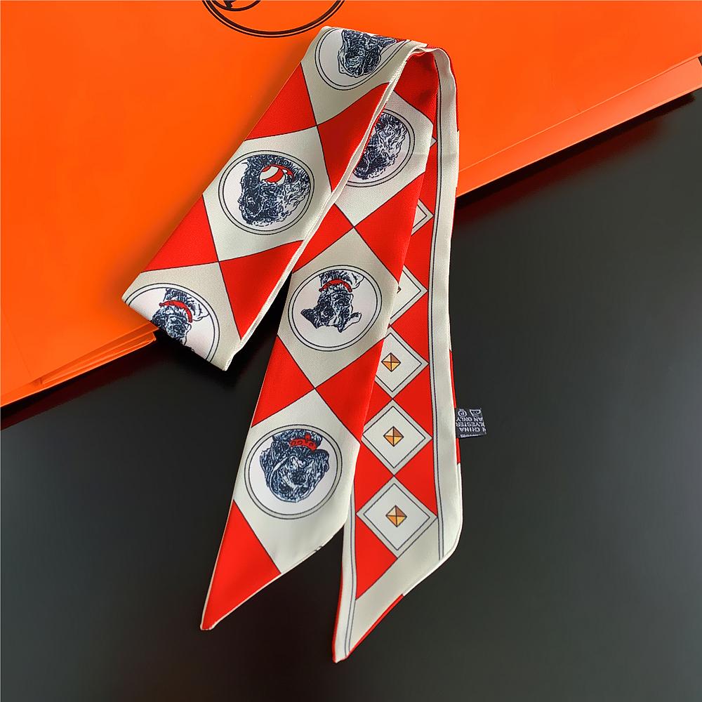 2022Summer Fashion New Animal Dog Pattern Ladies Decoration Twill Long Strip Silk Scarf Narrow Belt Streamer Tie Bag Small Scarf