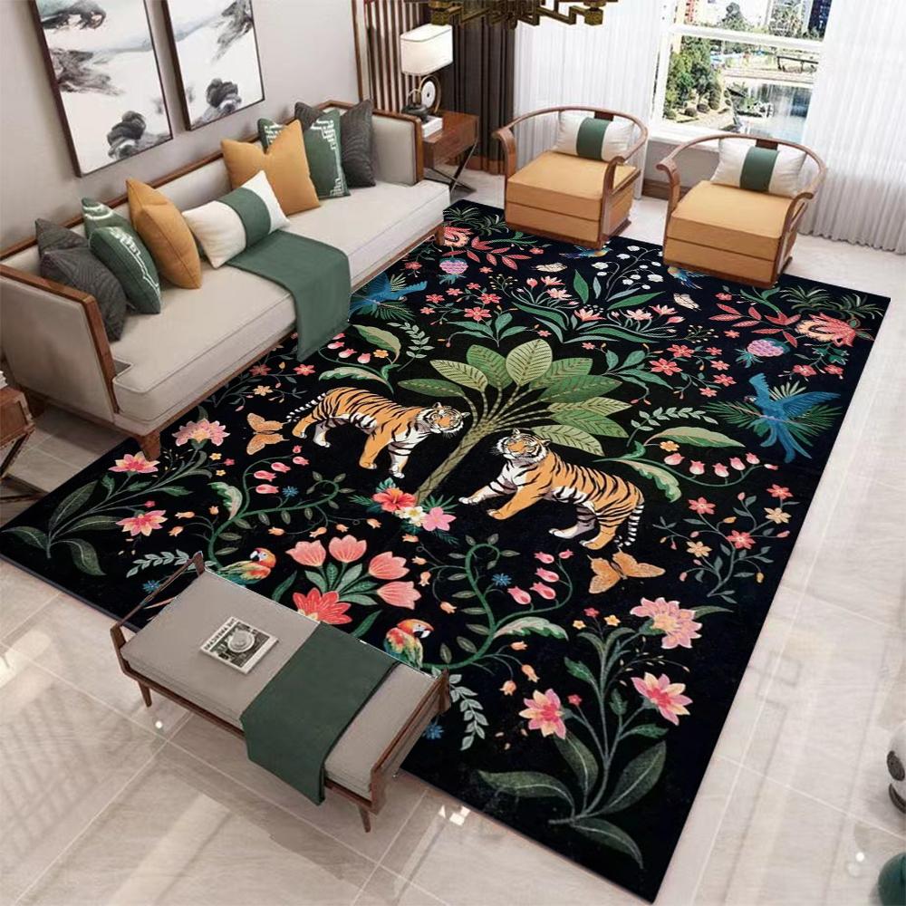 Vintage Jungle Tiger Floral Area Rug with Intricate Green Pattern Large Size Bohemian Luxury Living Room Decorative Carpet