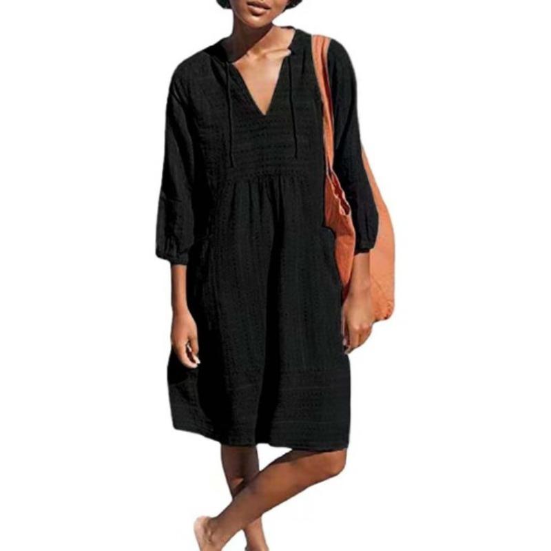 VEZFAA Women's Fashion Summer Spring Solid Color Print 3/4 Sleeves V-Neck Loose Waistline Casual Dresses