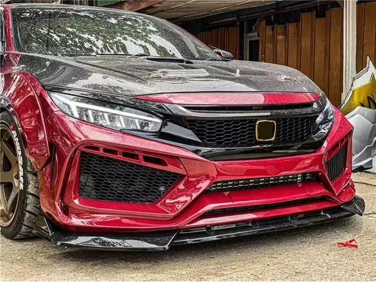 Civic RS Models (16-21) Track Wide Body Kit: FC450 Front Lip, Rear Spoiler, Rear Diffuser, Side Skirts, Roof Spoiler.