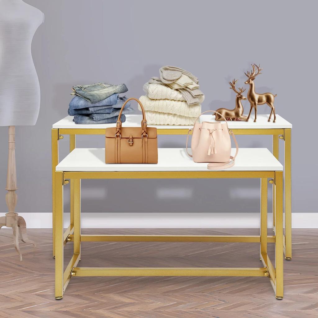 Bymaocar 50kg Bearing Capacity Metal Shoe Handbag Display Stand, 2-layer White Gold Heavy-duty Retail Store Hotel Display Stand