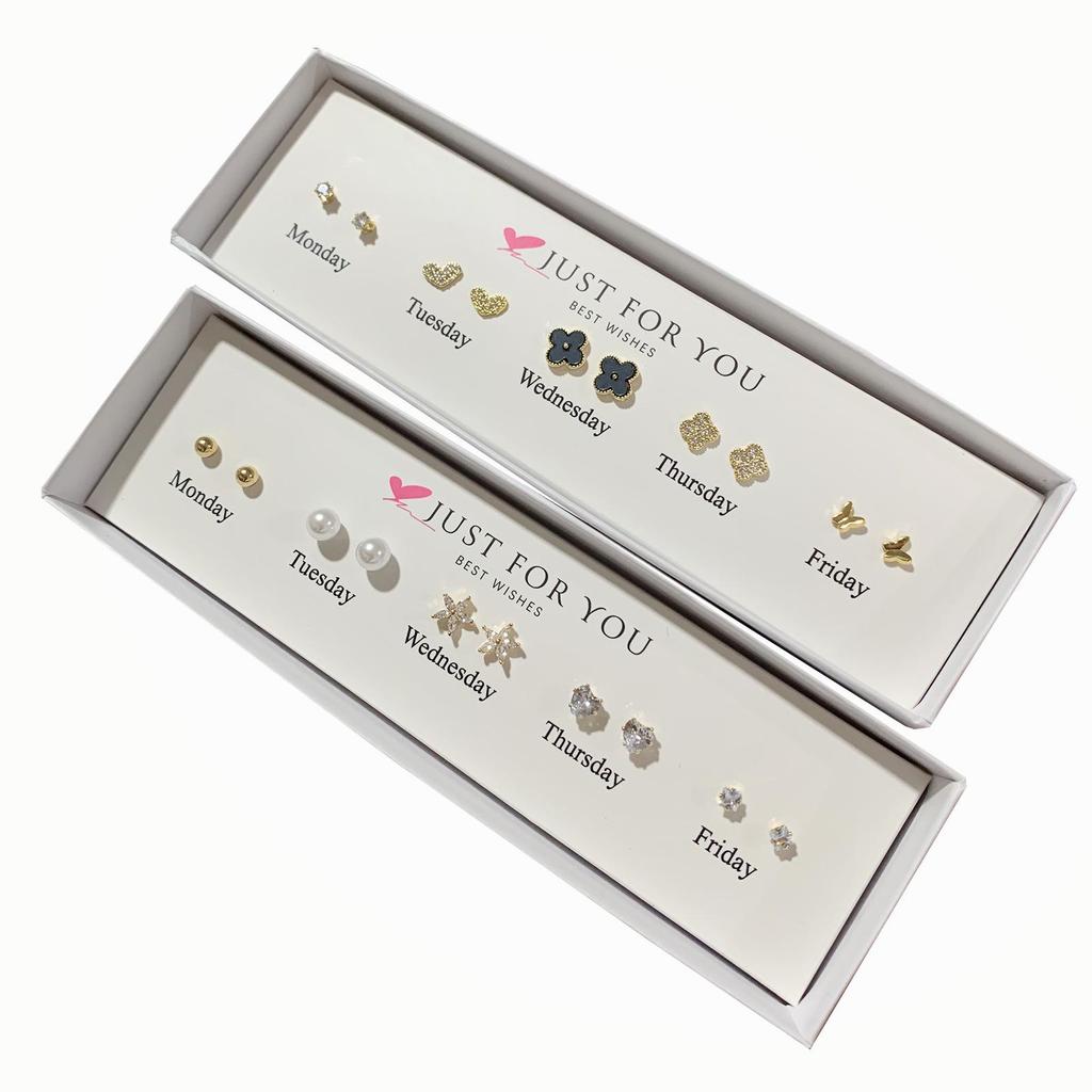 Zirkon Blumenstecker Set: 5 Paare für Damen mit Silbernadeln - Wochen-Geschenkbox