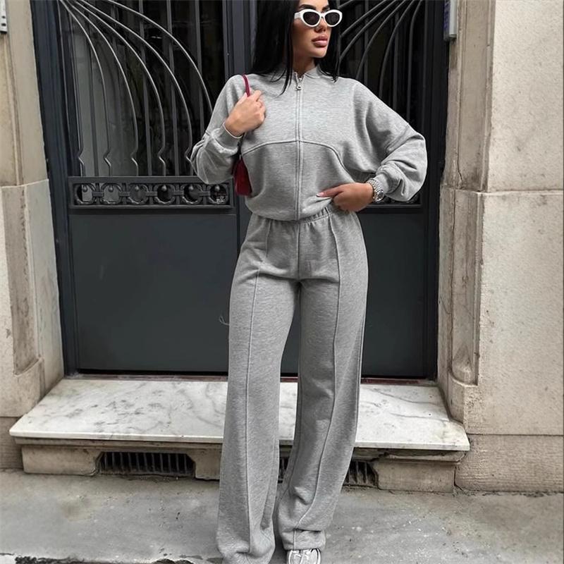 Sweatshirt Two-piece Suit Women's Casual Sets Loose Zipper-up Short Jacket Tops Straight Trousers Sports 2-piece Sets Lady