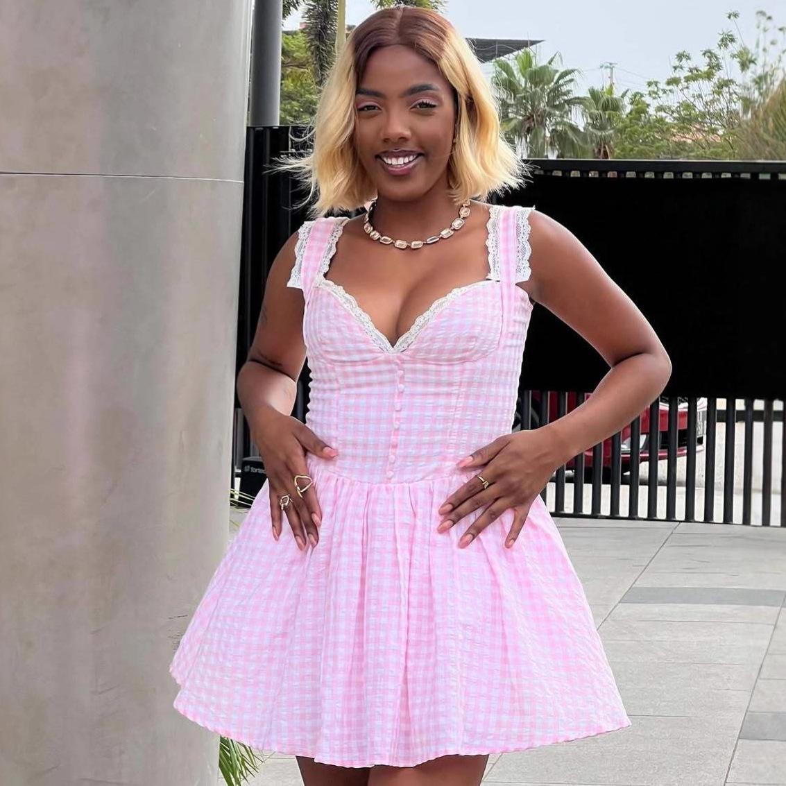 European and American women s clothing: sweet pink plaid dress, African V-neck lace patchwork, sexy slip short skirt S розовый