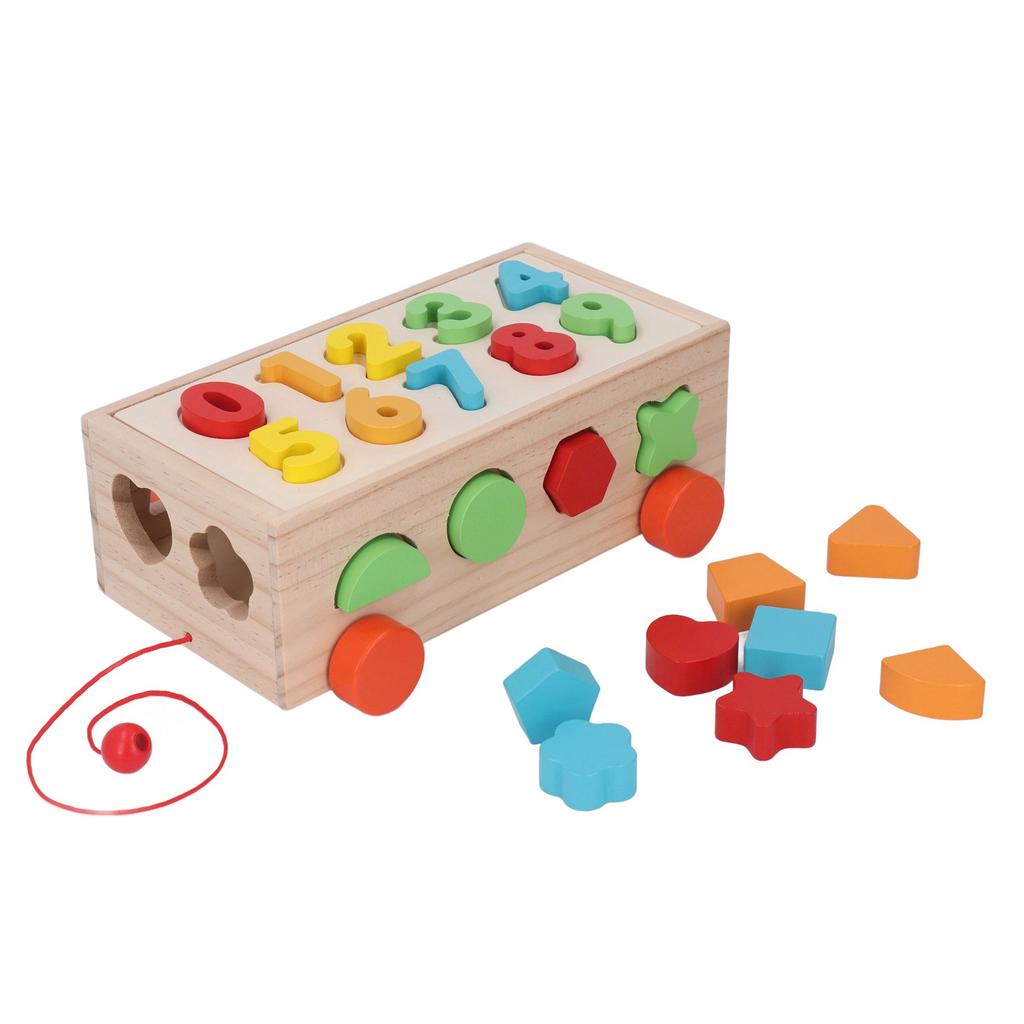 Geometric Shape Blocks Sorting Toy Colorful Wooden Numbers Blocks Matching Pull Cart