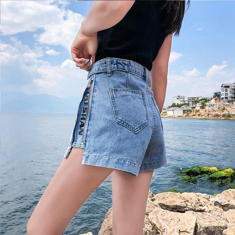 Summer Ladies Shorts Jeans Women's Denim Shorts Fashion Vintage High Waist Blue Wide Leg Female Side Zipper Caual Short