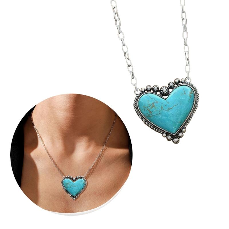 Bohemian Turquoise Love Heart Necklaces for Women Girls Statement Pendants Necklace Girls Party Holiday Jewelry Gift