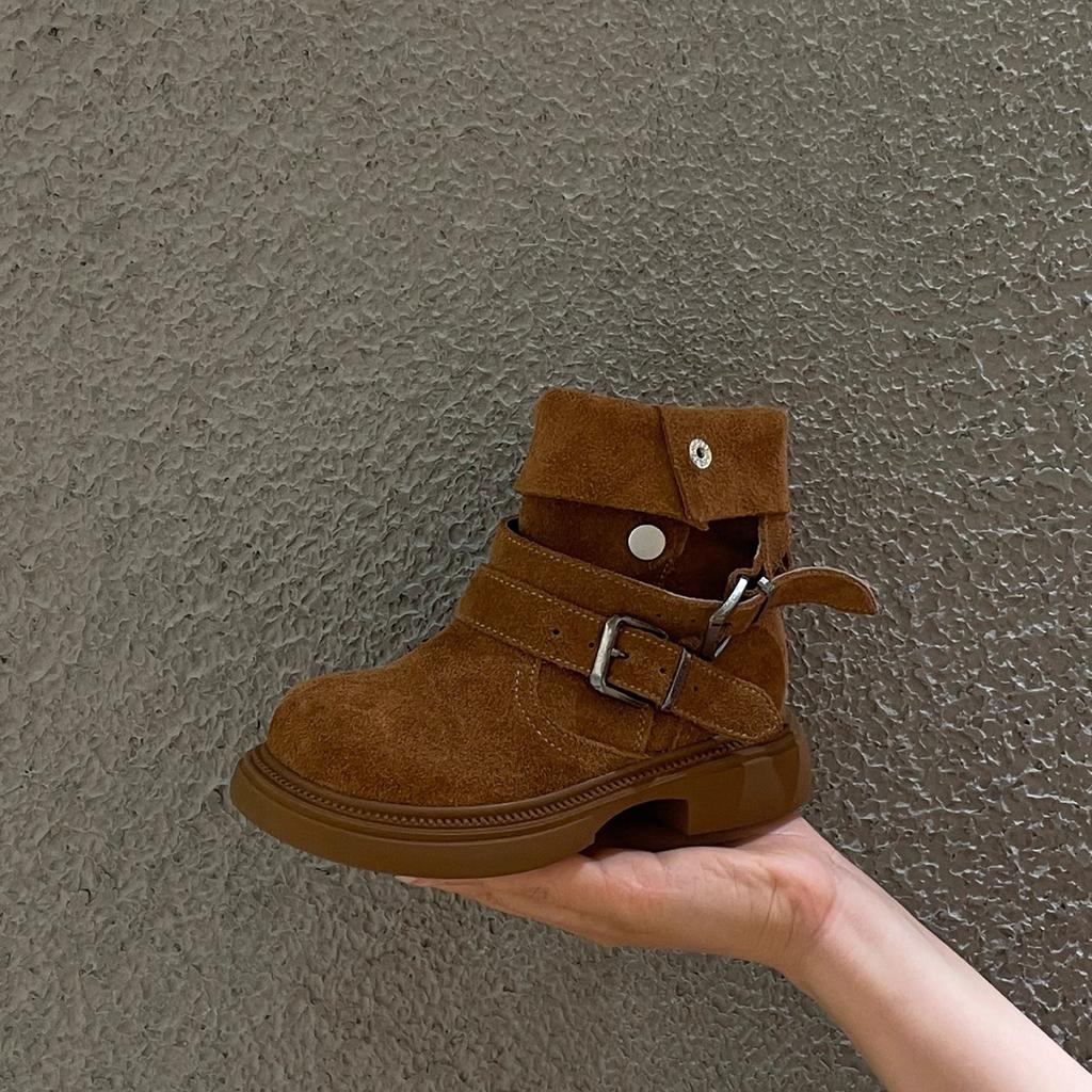 Children's retro chunky heel foldable two-way wear girls' Maillard height-increasing Martin boots, new autumn and winter thick-soled short boots