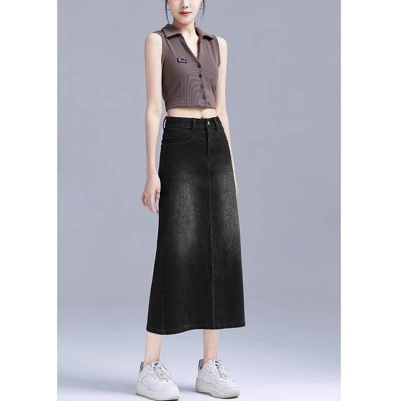 

High-Waisted Four-Way Stretch Denim Midi Skirt with Slit - Versatile, Form-Fitting, Slimming, Elastic, and A-Line Design XL (Weight: 117-126 lbs)